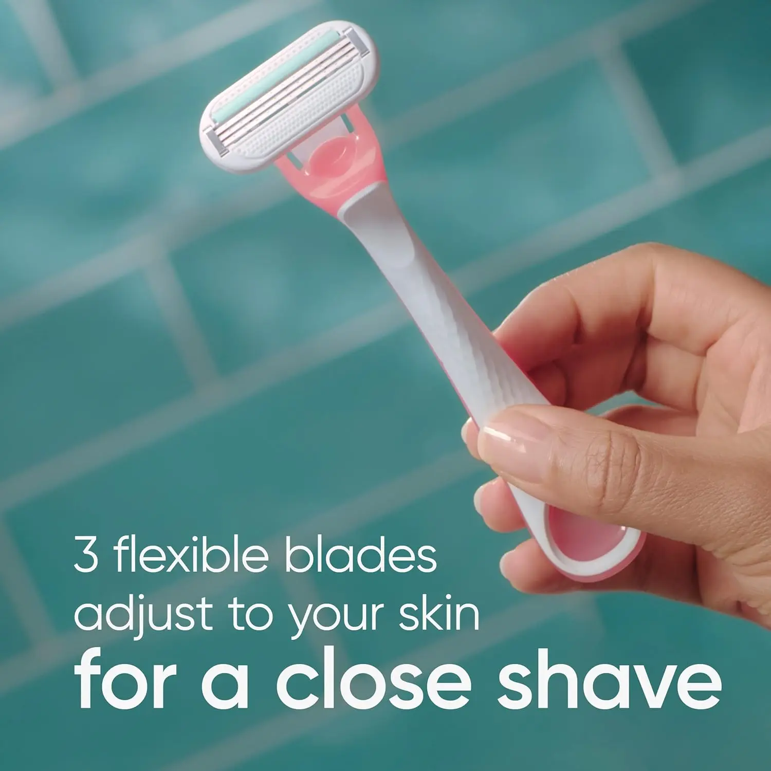 Close-up of Venus SkinElixir sensitive disposable razors featuring 3 blades and a SkinElixir lubrastrip for a smooth, irritation-free shave.