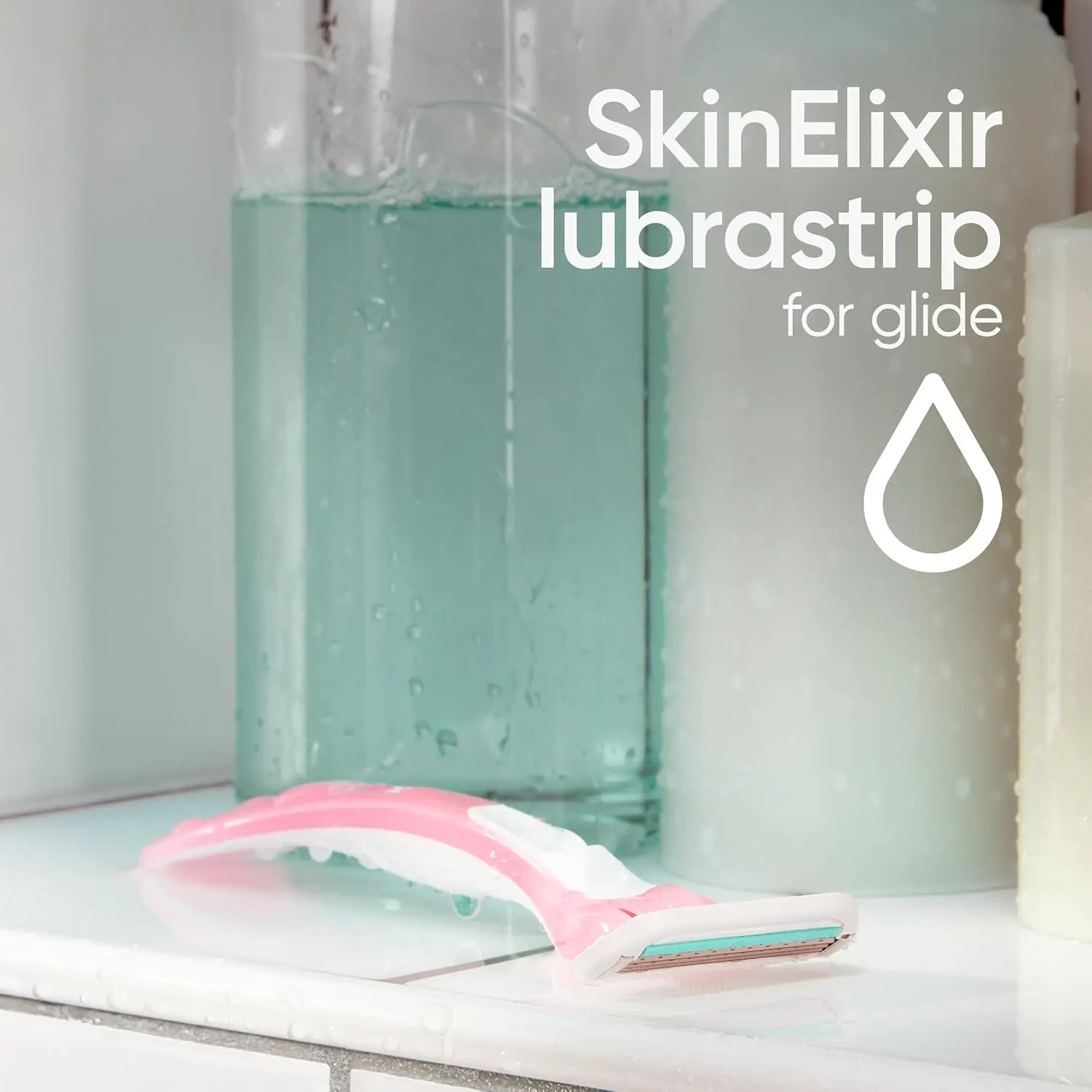 Close-up of Venus SkinElixir sensitive disposable razors featuring 3 blades and a SkinElixir lubrastrip for a smooth, irritation-free shave.