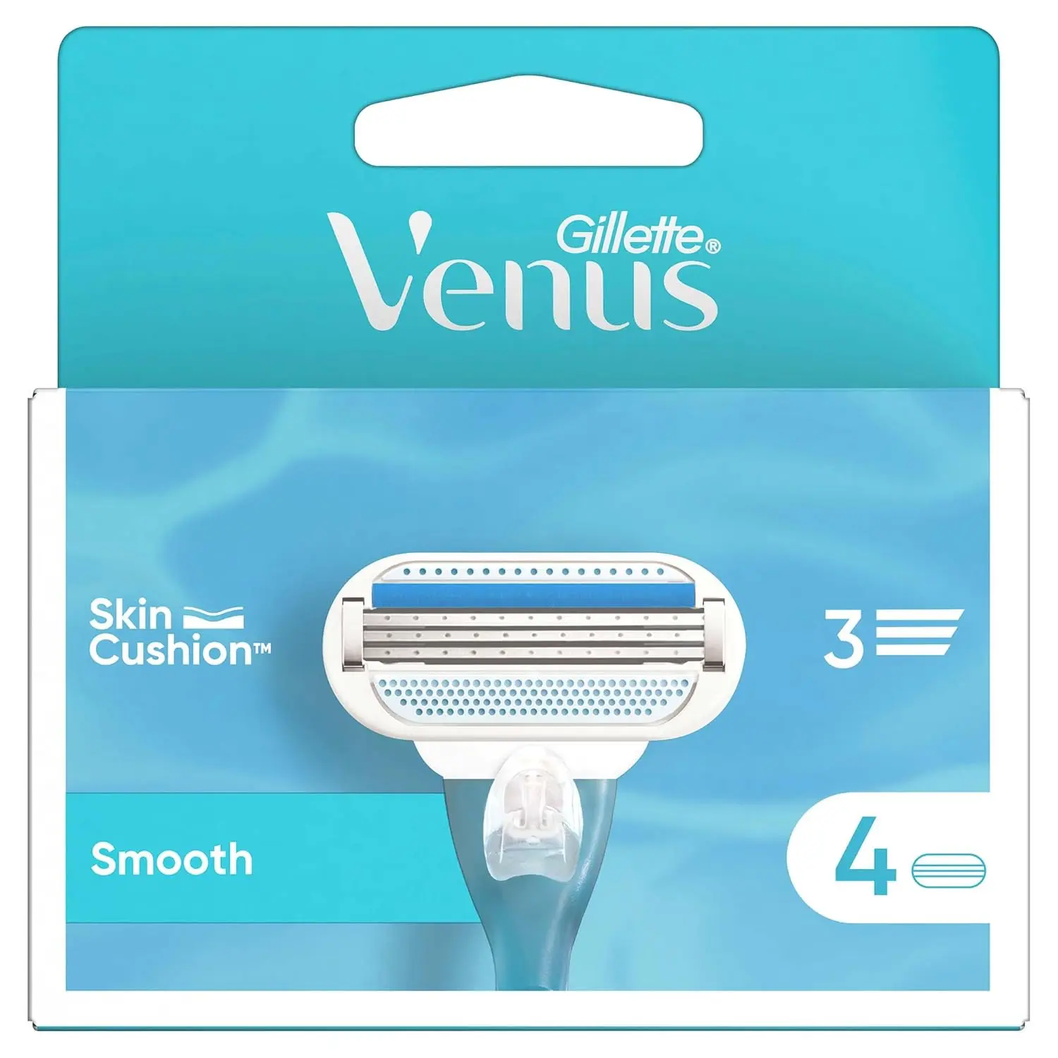 Gillette Venus Smooth razor blade refills with 3 blades for a close, comfortable shave and a blue indicator strip that fades when it's time to change.