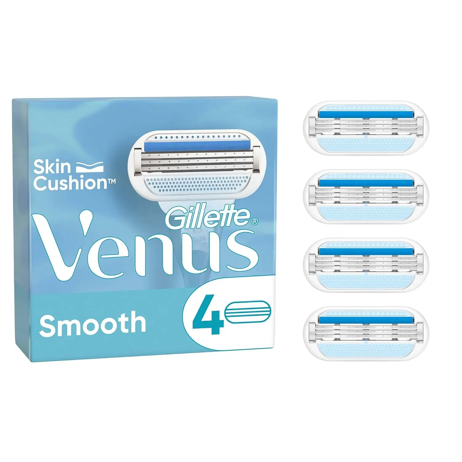 Gillette Venus Smooth razor blade refills with 3 blades for a close, comfortable shave and a blue indicator strip that fades when it's time to change.