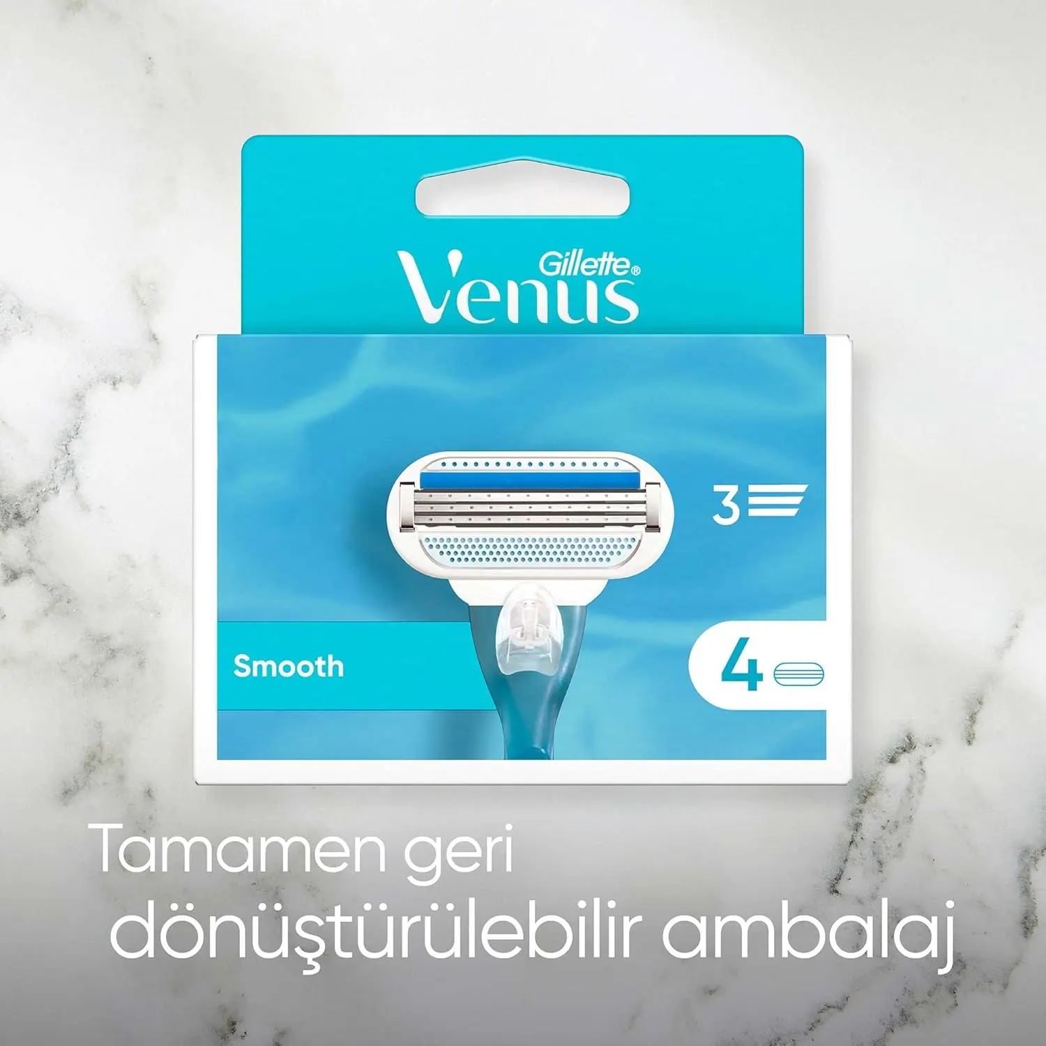 Gillette Venus Smooth razor blade refills with 3 blades for a close, comfortable shave and a blue indicator strip that fades when it's time to change.