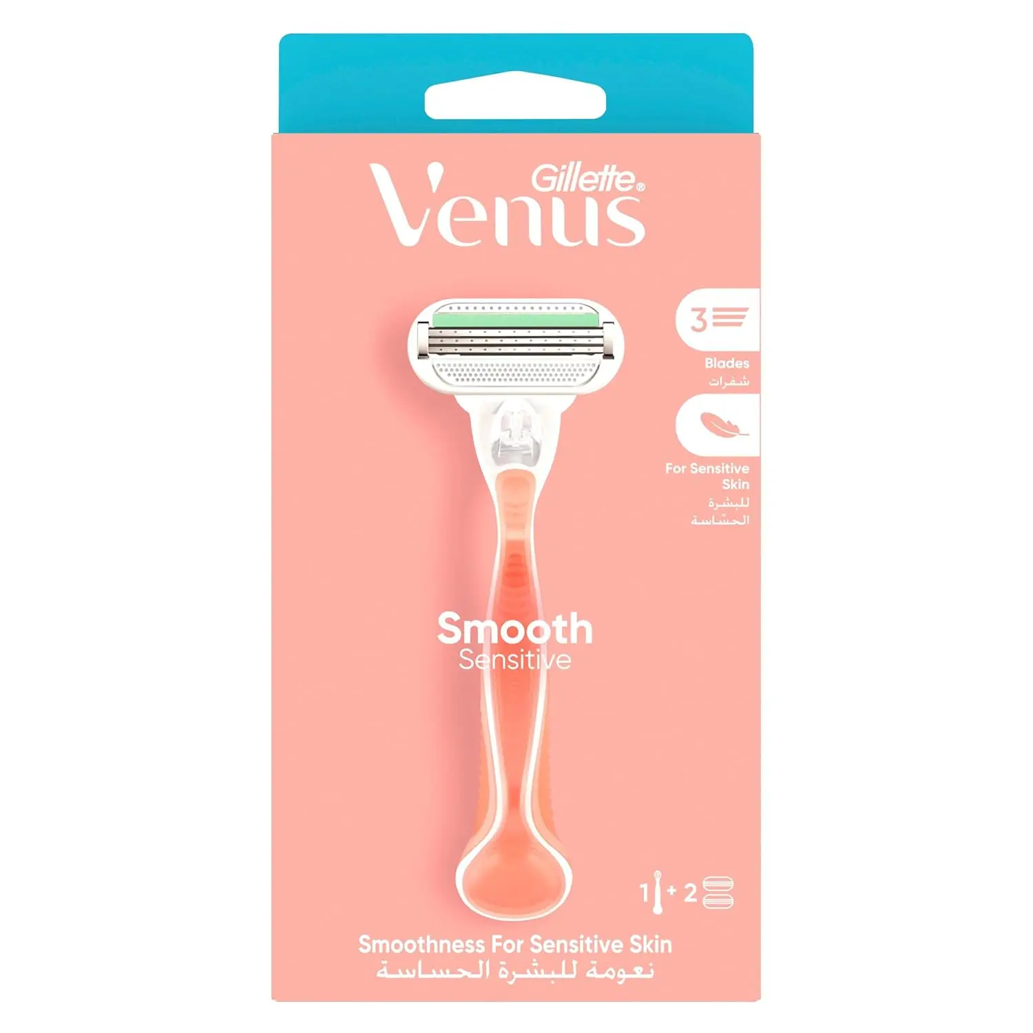 Venus Smooth Sensitive refillable razor with ergonomic handle and aloe vera lubrastrip for a comfortable shave, includes one handle and two blade refills.
