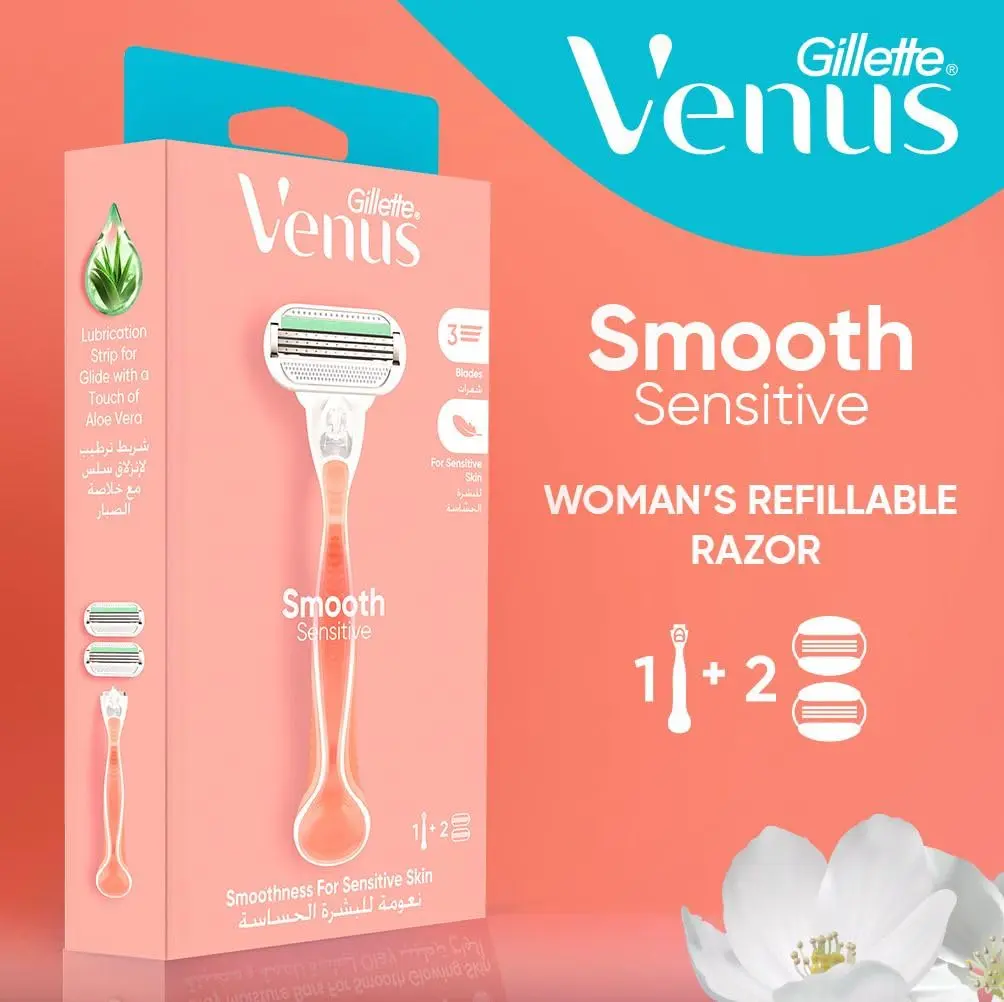 Venus Smooth Sensitive refillable razor with ergonomic handle and aloe vera lubrastrip for a comfortable shave, includes one handle and two blade refills.