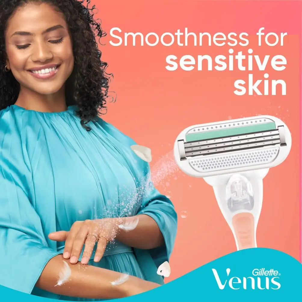 Venus Smooth Sensitive refillable razor with ergonomic handle and aloe vera lubrastrip for a comfortable shave, includes one handle and two blade refills.