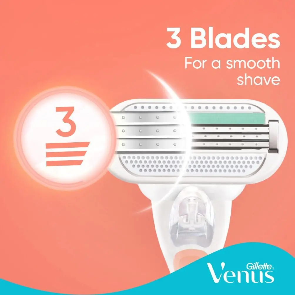Venus Smooth Sensitive refillable razor with ergonomic handle and aloe vera lubrastrip for a comfortable shave, includes one handle and two blade refills.