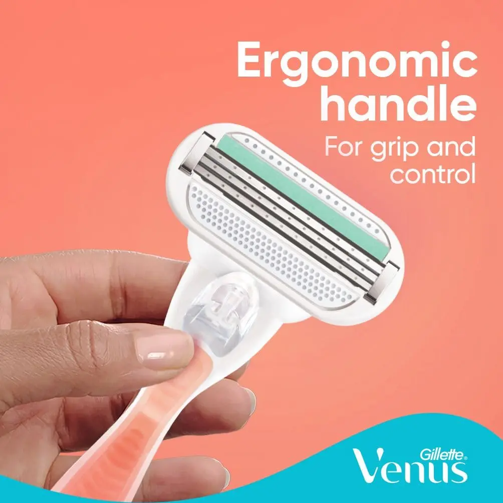 Venus Smooth Sensitive refillable razor with ergonomic handle and aloe vera lubrastrip for a comfortable shave, includes one handle and two blade refills.
