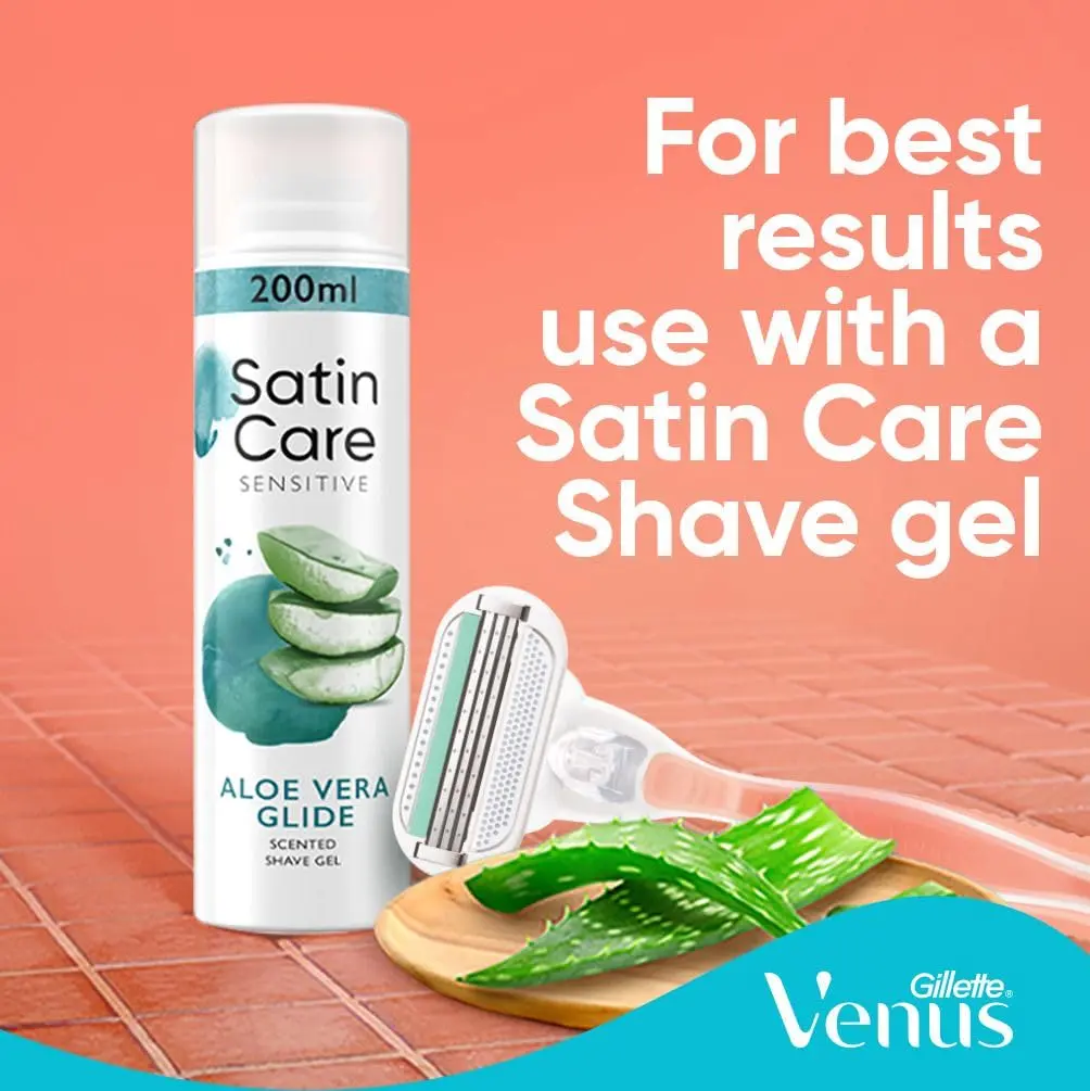 Venus Smooth Sensitive refillable razor with ergonomic handle and aloe vera lubrastrip for a comfortable shave, includes one handle and two blade refills.