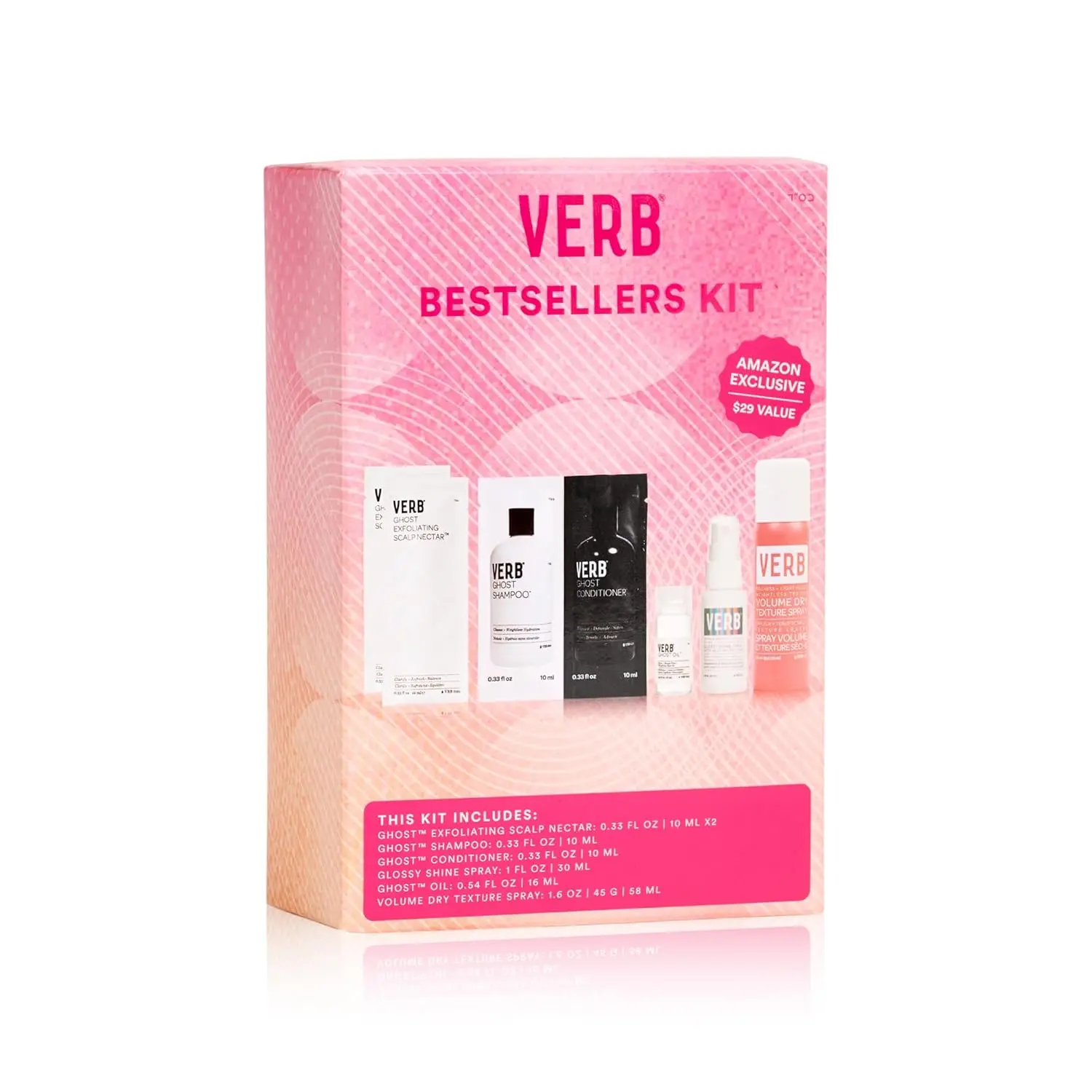 The VERB hair trial kit includes six pieces with Ghost Oil and top stylers for volume, moisture, frizz control, and heat protection.