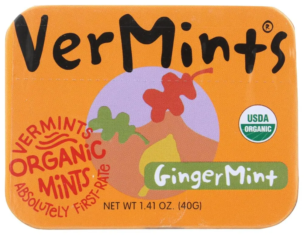 A tin of Vermints GingerMint all-natural breath mints offers a refreshing and spicy flavor for fresh breath.