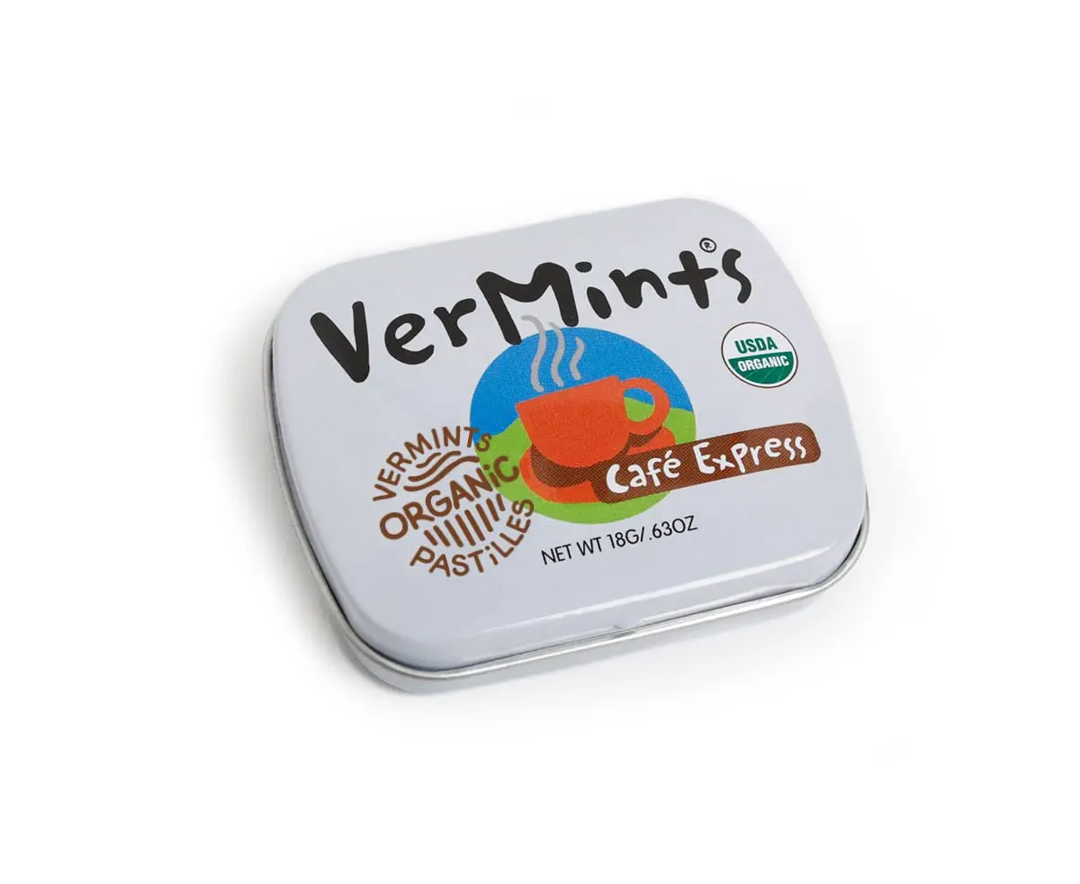 A pack of twelve tins of VerMints Organic Cafe Express pastille mints, certified organic, non-GMO verified, gluten-free, and Kosher, made with no artificial ingredients.