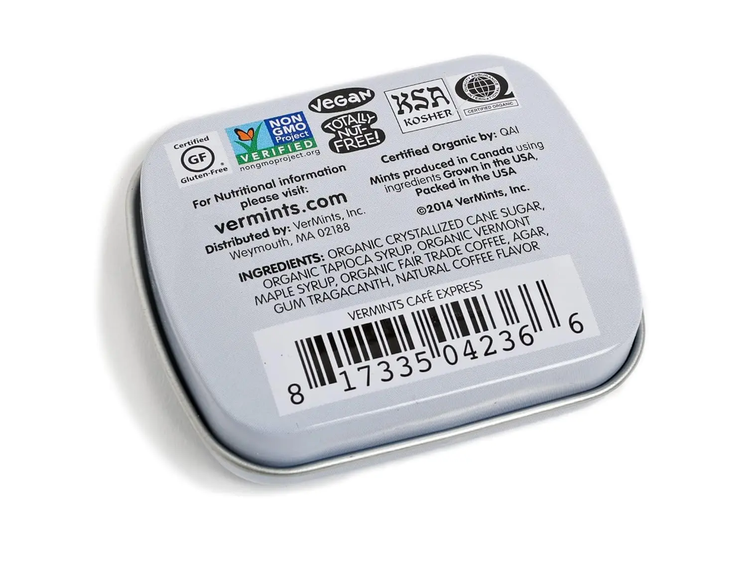 A pack of twelve tins of VerMints Organic Cafe Express pastille mints, certified organic, non-GMO verified, gluten-free, and Kosher, made with no artificial ingredients.