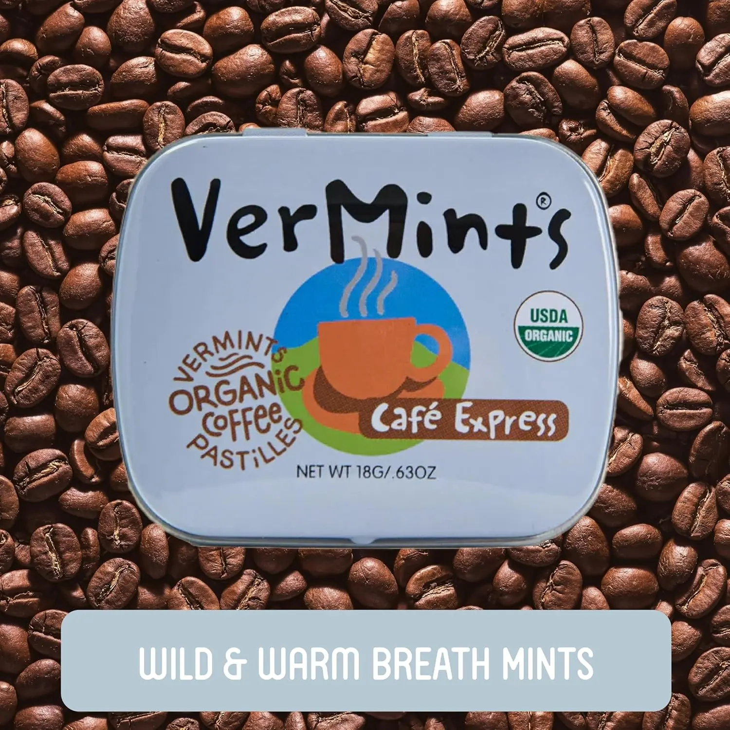 A pack of twelve tins of VerMints Organic Cafe Express pastille mints, certified organic, non-GMO verified, gluten-free, and Kosher, made with no artificial ingredients.