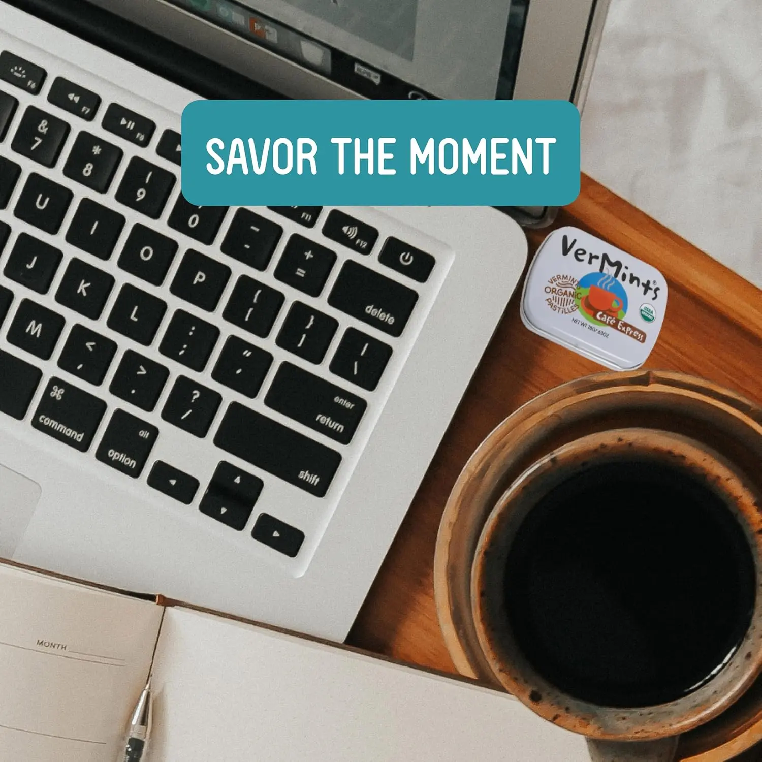 A pack of twelve tins of VerMints Organic Cafe Express pastille mints, certified organic, non-GMO verified, gluten-free, and Kosher, made with no artificial ingredients.