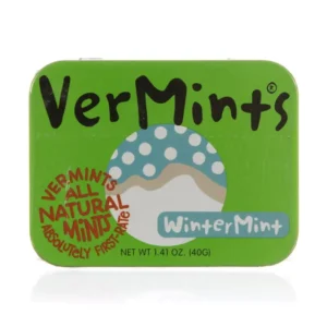 Six packs of Vermints Wintermint breath mints, which are a nut-free and kosher sugar candy option for fresh breath.