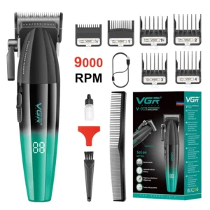 The VGR hair clipper kit includes multiple comb attachments, cleaning brush, oil, charging cable, and features an LCD display for battery life.