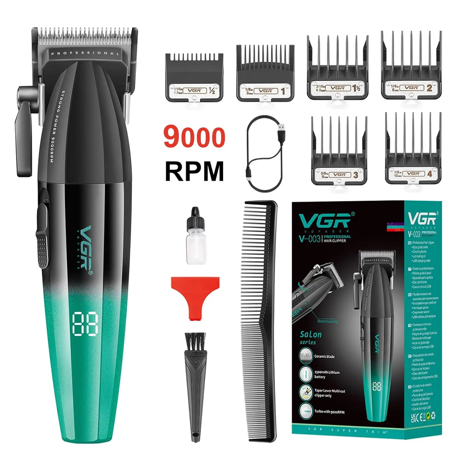 The VGR hair clipper kit includes multiple comb attachments, cleaning brush, oil, charging cable, and features an LCD display for battery life.