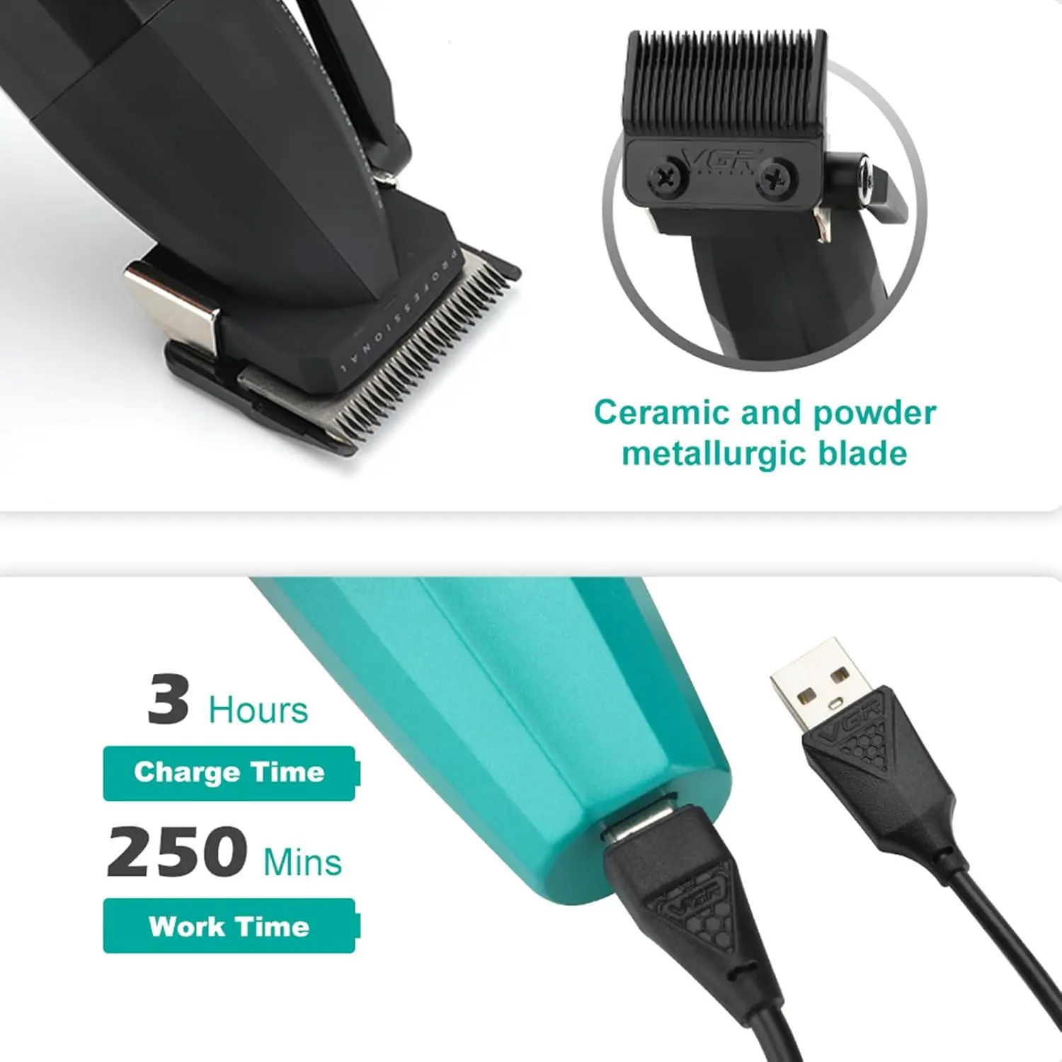 The VGR hair clipper kit includes multiple comb attachments, cleaning brush, oil, charging cable, and features an LCD display for battery life.