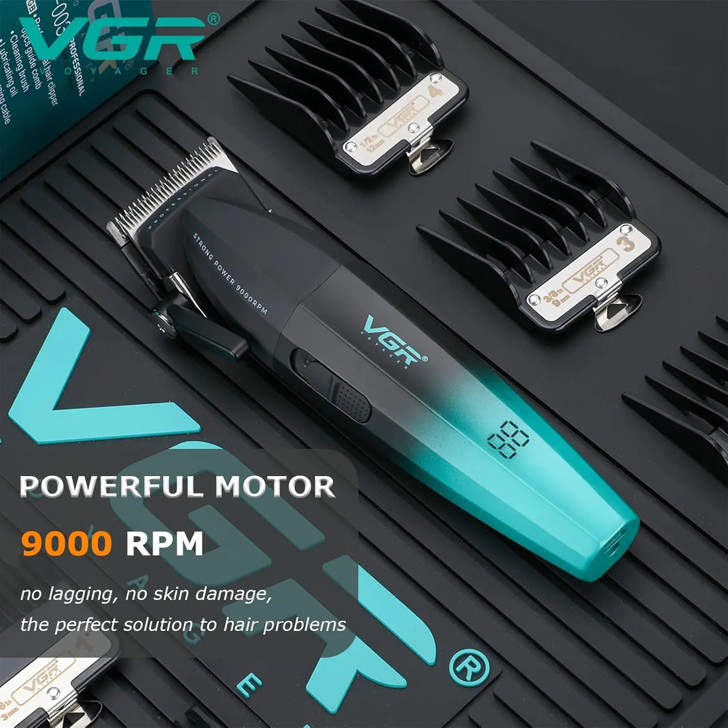 The VGR hair clipper kit includes multiple comb attachments, cleaning brush, oil, charging cable, and features an LCD display for battery life.