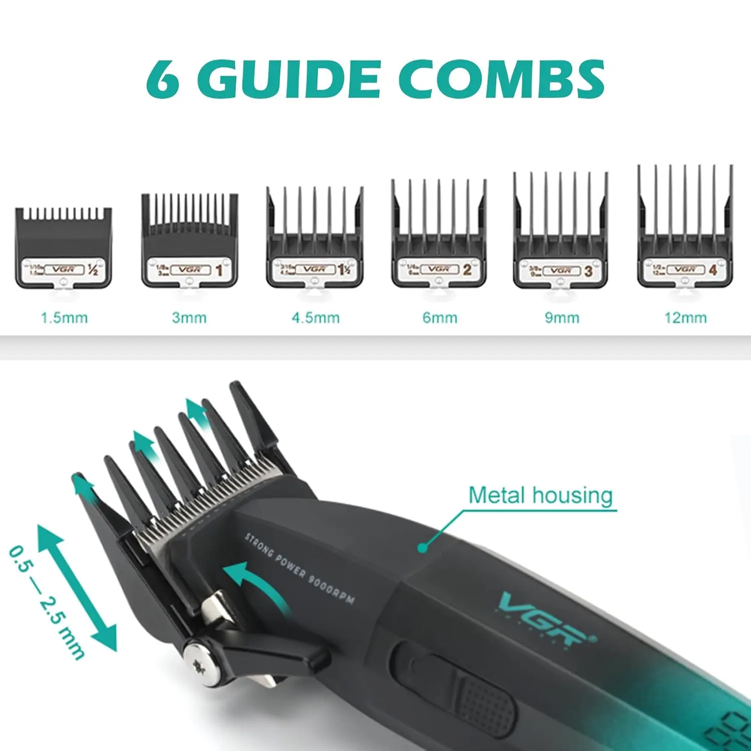 The VGR hair clipper kit includes multiple comb attachments, cleaning brush, oil, charging cable, and features an LCD display for battery life.