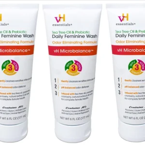 Three bottles of vH essentials Tea Tree Oil Intimate Feminine Wash with prebiotics, cranberry, and lavender, offering gentle and pH-balanced daily cleansing.