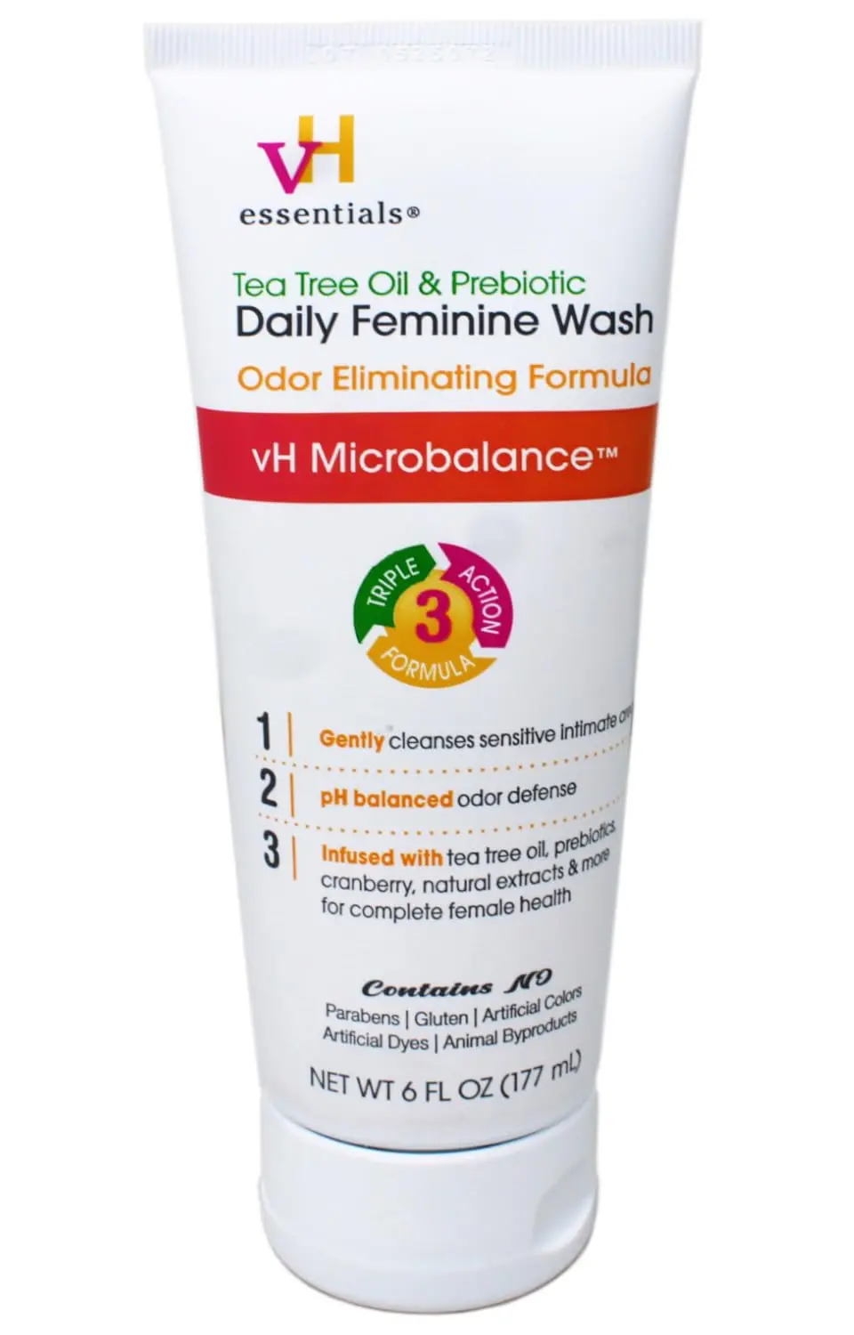 Three bottles of vH essentials Tea Tree Oil Intimate Feminine Wash with prebiotics, cranberry, and lavender, offering gentle and pH-balanced daily cleansing.