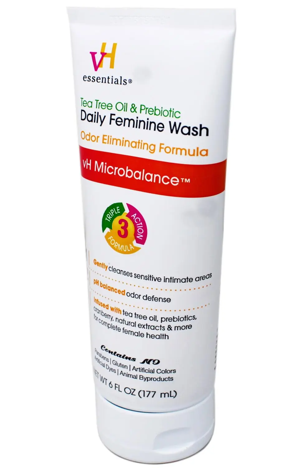 Three bottles of vH essentials Tea Tree Oil Intimate Feminine Wash with prebiotics, cranberry, and lavender, offering gentle and pH-balanced daily cleansing.