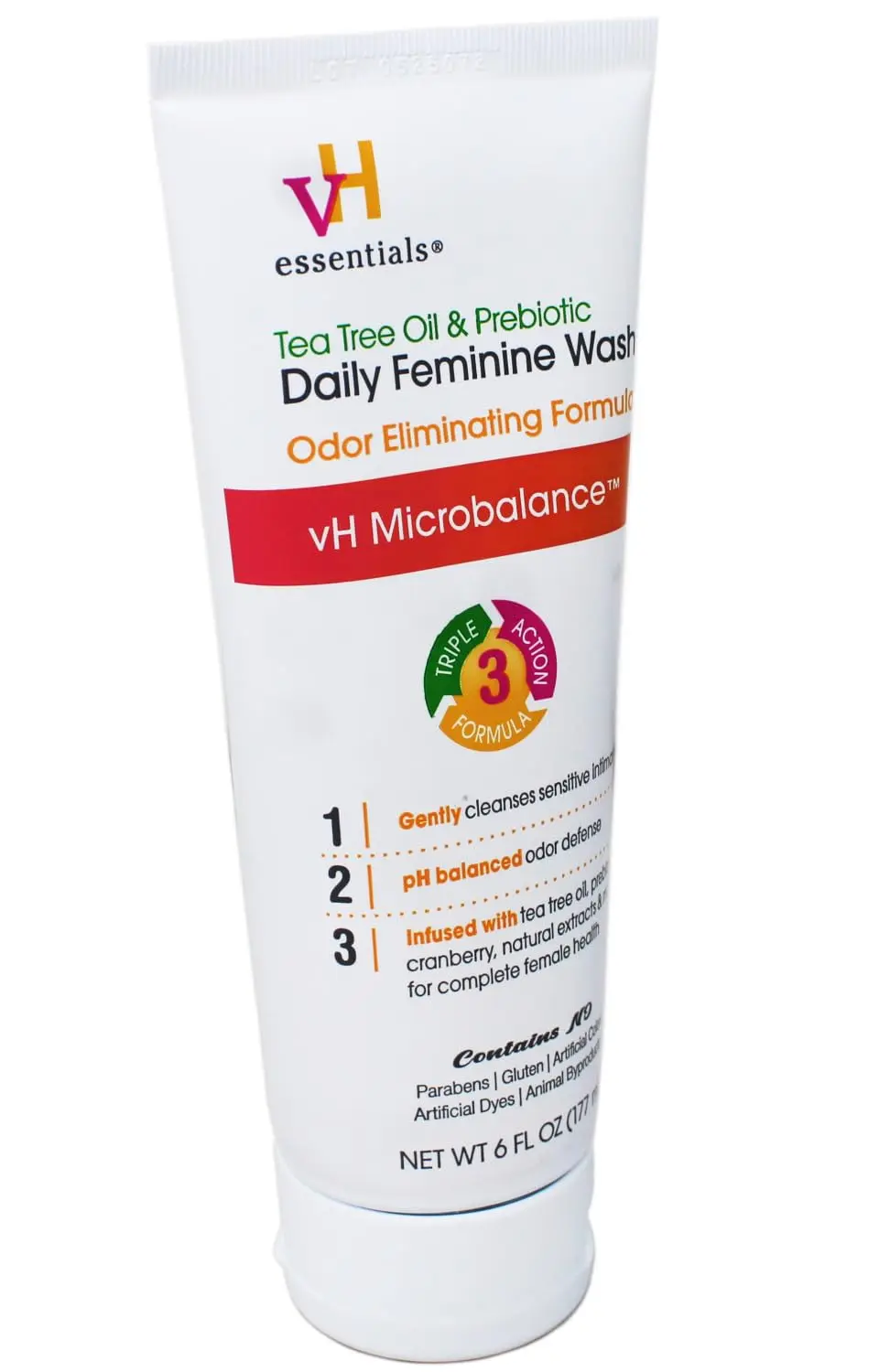 Three bottles of vH essentials Tea Tree Oil Intimate Feminine Wash with prebiotics, cranberry, and lavender, offering gentle and pH-balanced daily cleansing.