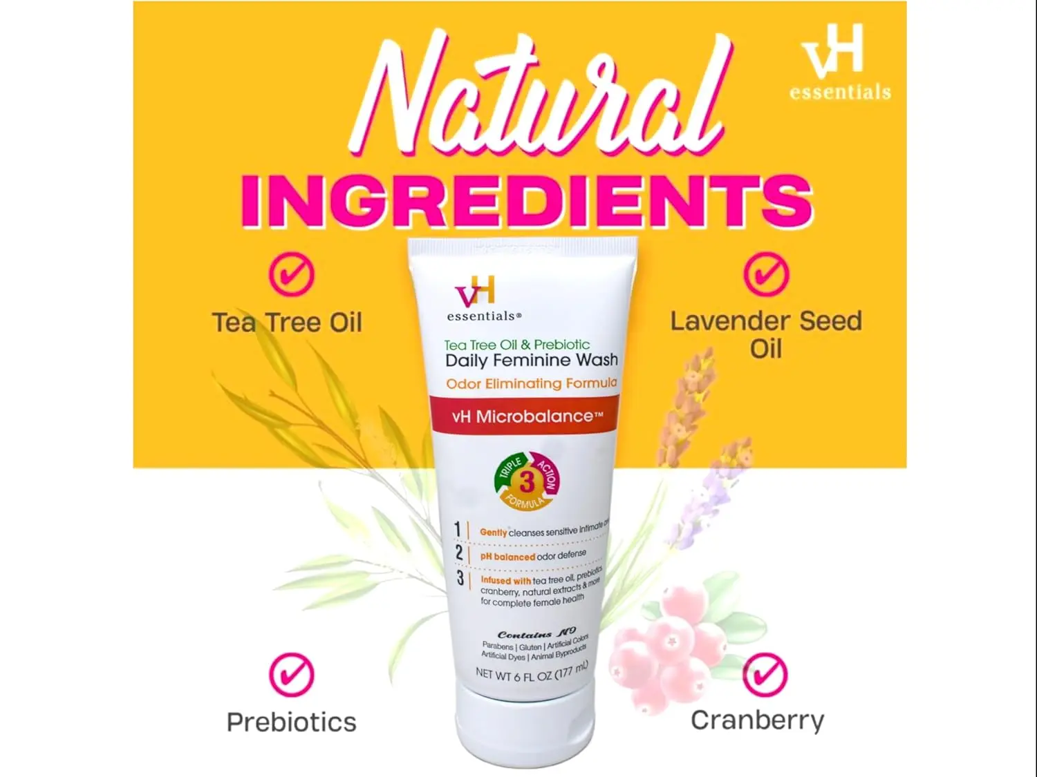 Three bottles of vH essentials Tea Tree Oil Intimate Feminine Wash with prebiotics, cranberry, and lavender, offering gentle and pH-balanced daily cleansing.