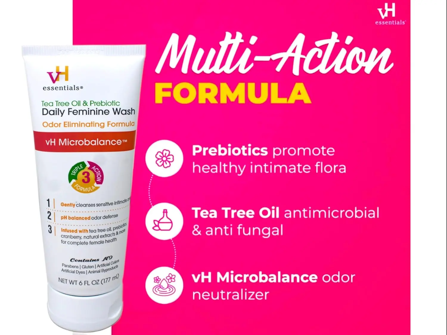 Three bottles of vH essentials Tea Tree Oil Intimate Feminine Wash with prebiotics, cranberry, and lavender, offering gentle and pH-balanced daily cleansing.