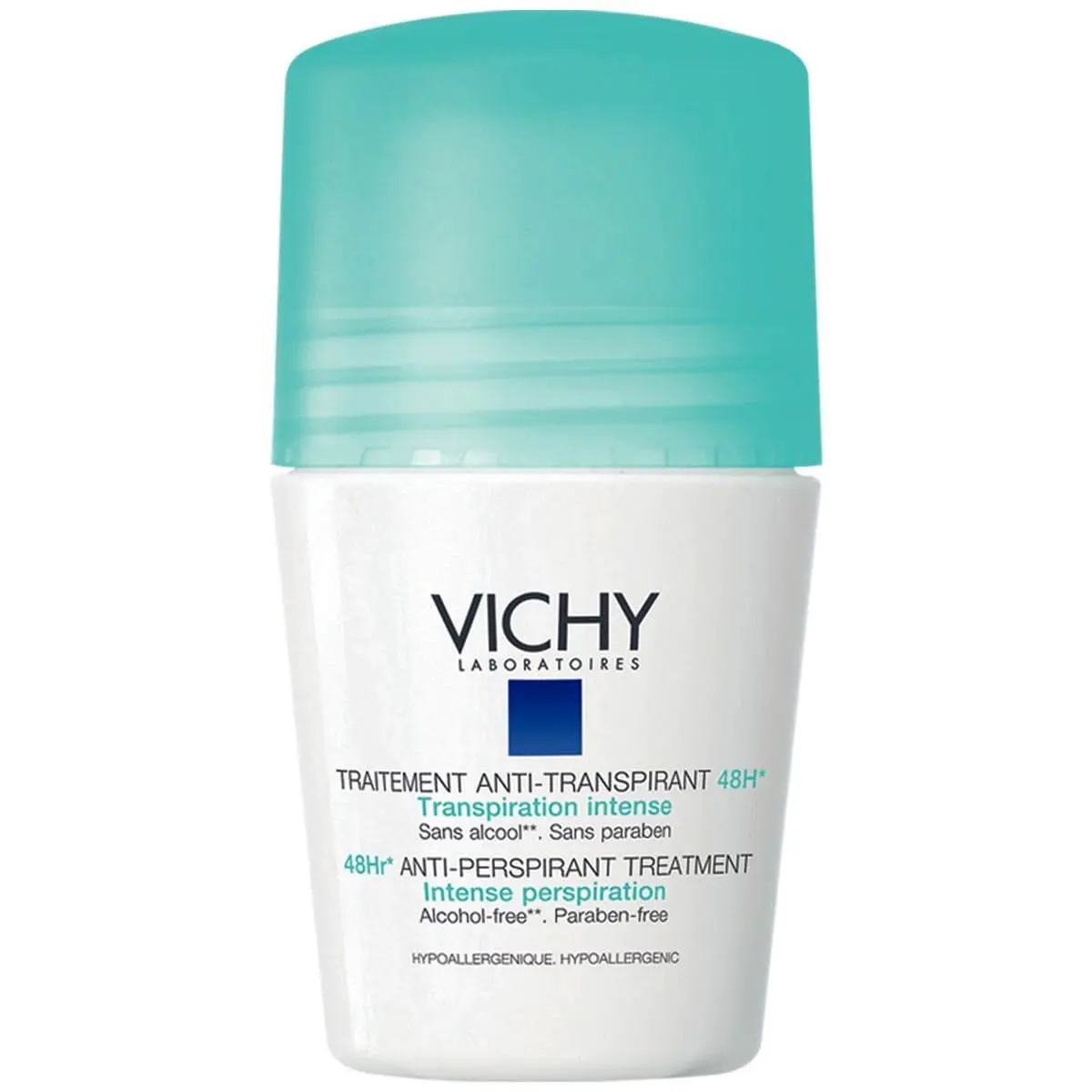 Vichy 48 Hour Anti-Perspirant Deodorant for sensitive skin, offering hypoallergenic, alcohol and paraben-free protection against intense perspiration with a quick-dry formula.