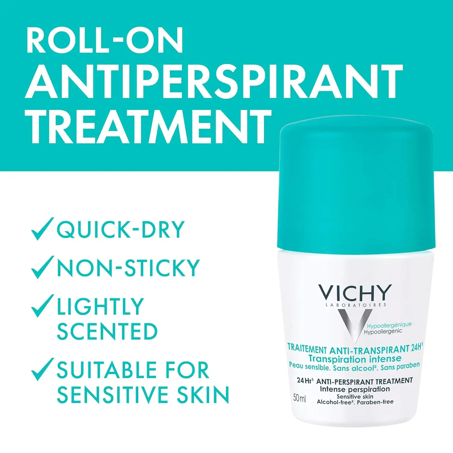 Vichy 48 Hour Anti-Perspirant Deodorant for sensitive skin, offering hypoallergenic, alcohol and paraben-free protection against intense perspiration with a quick-dry formula.