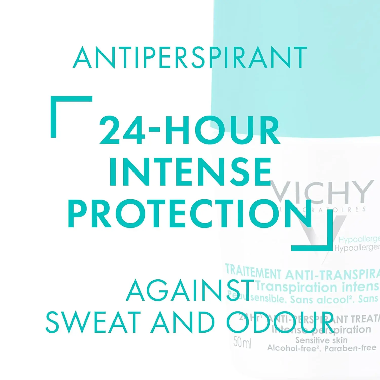 Vichy 48 Hour Anti-Perspirant Deodorant for sensitive skin, offering hypoallergenic, alcohol and paraben-free protection against intense perspiration with a quick-dry formula.