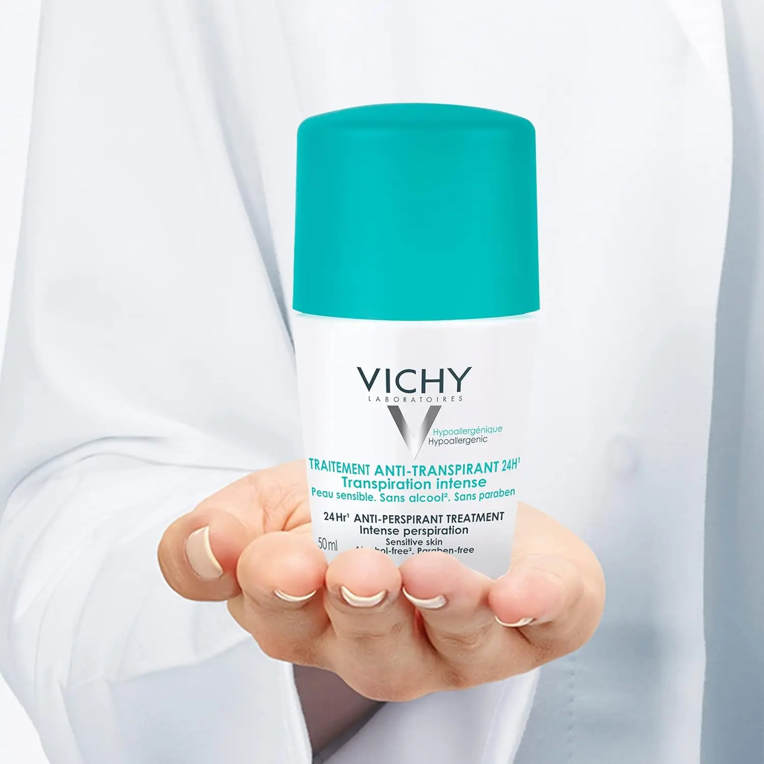 Vichy 48 Hour Anti-Perspirant Deodorant for sensitive skin, offering hypoallergenic, alcohol and paraben-free protection against intense perspiration with a quick-dry formula.