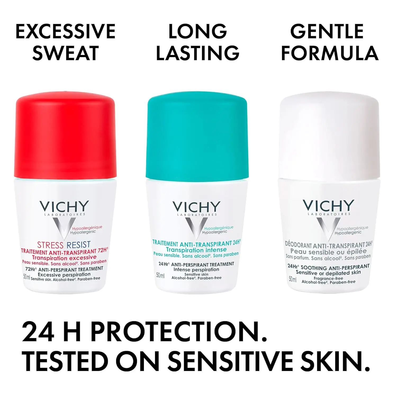 Vichy 48 Hour Anti-Perspirant Deodorant for sensitive skin, offering hypoallergenic, alcohol and paraben-free protection against intense perspiration with a quick-dry formula.