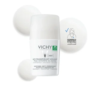 Vichy 48-hour hypoallergenic deodorant provides clinically tested, alcohol and paraben-free protection for sensitive underarm skin, offering quick-drying comfort.