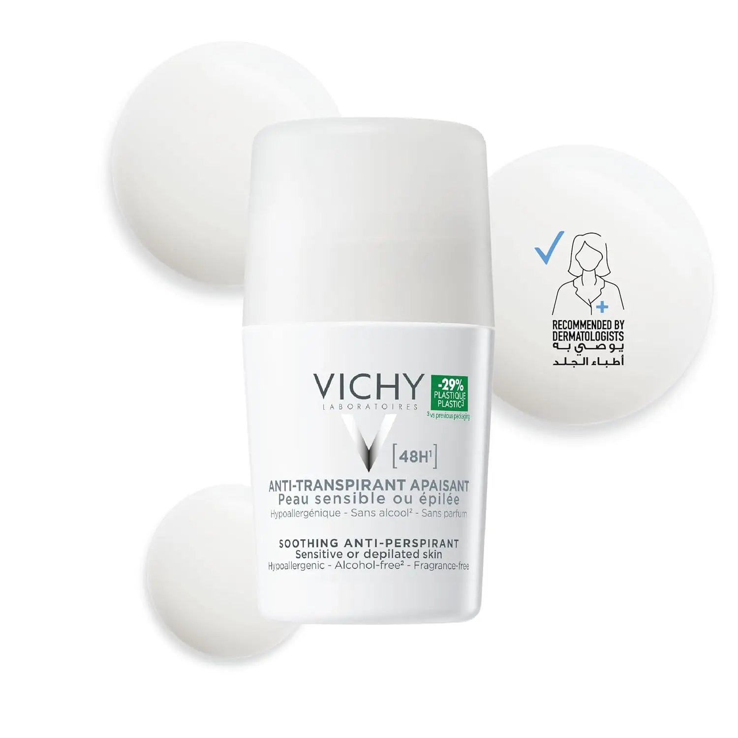 Vichy 48-hour hypoallergenic deodorant provides clinically tested, alcohol and paraben-free protection for sensitive underarm skin, offering quick-drying comfort.