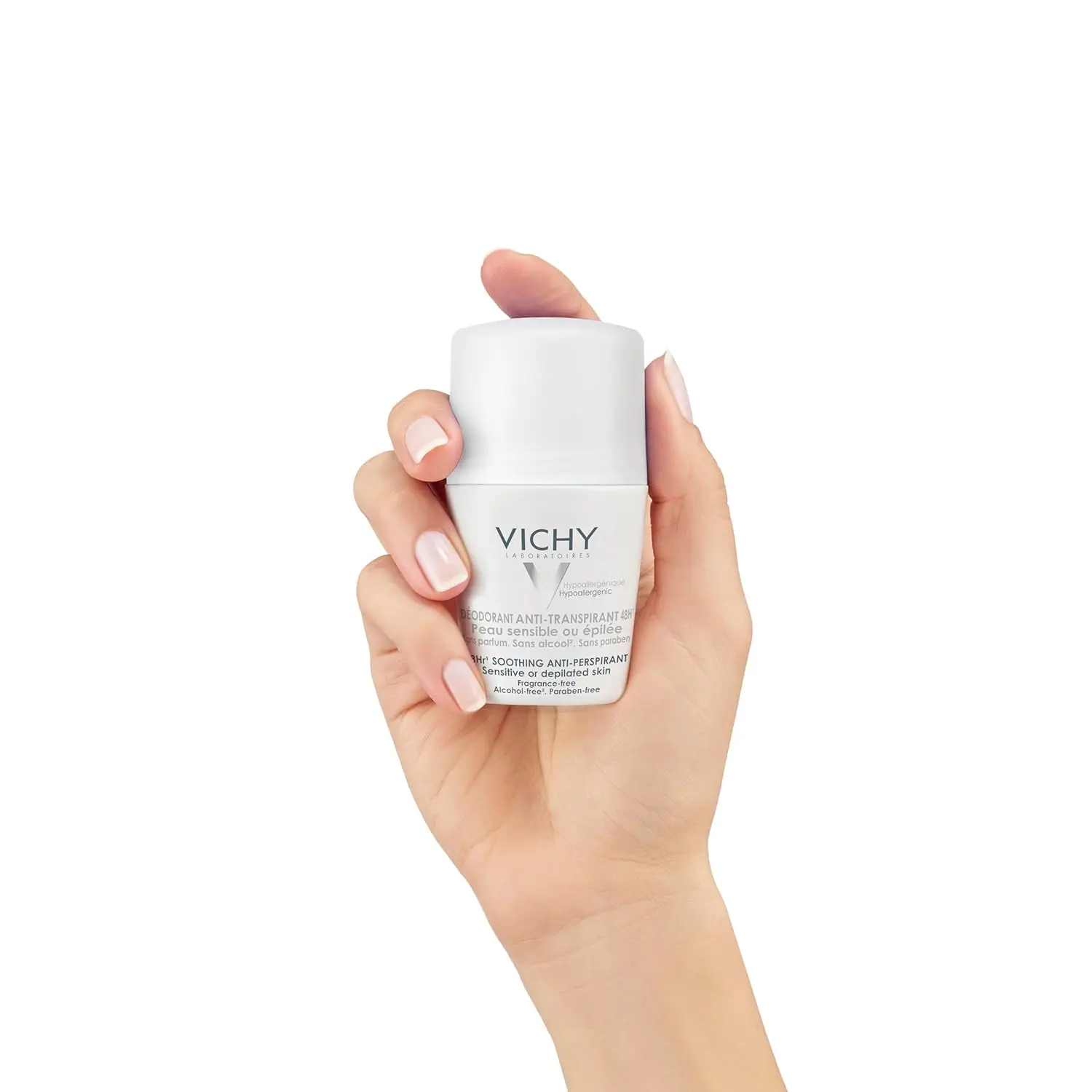 Vichy 48-hour hypoallergenic deodorant provides clinically tested, alcohol and paraben-free protection for sensitive underarm skin, offering quick-drying comfort.