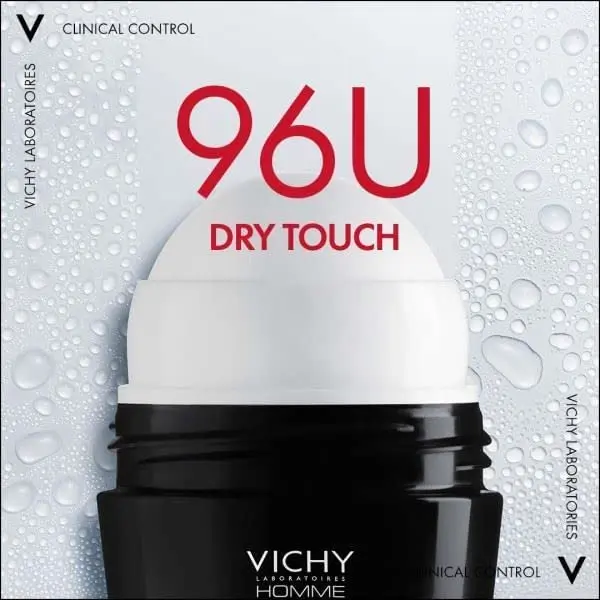 Vichy Clinical Control deodorant for men offers 96-hour protection against odor and perspiration, ideal for sensitive skin.