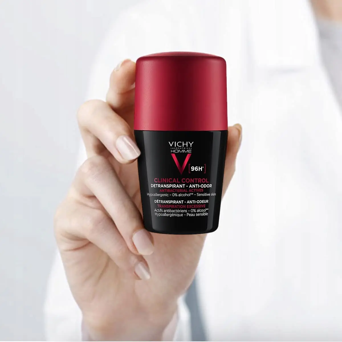 Vichy Clinical Control deodorant for men offers 96-hour protection against odor and perspiration, ideal for sensitive skin.