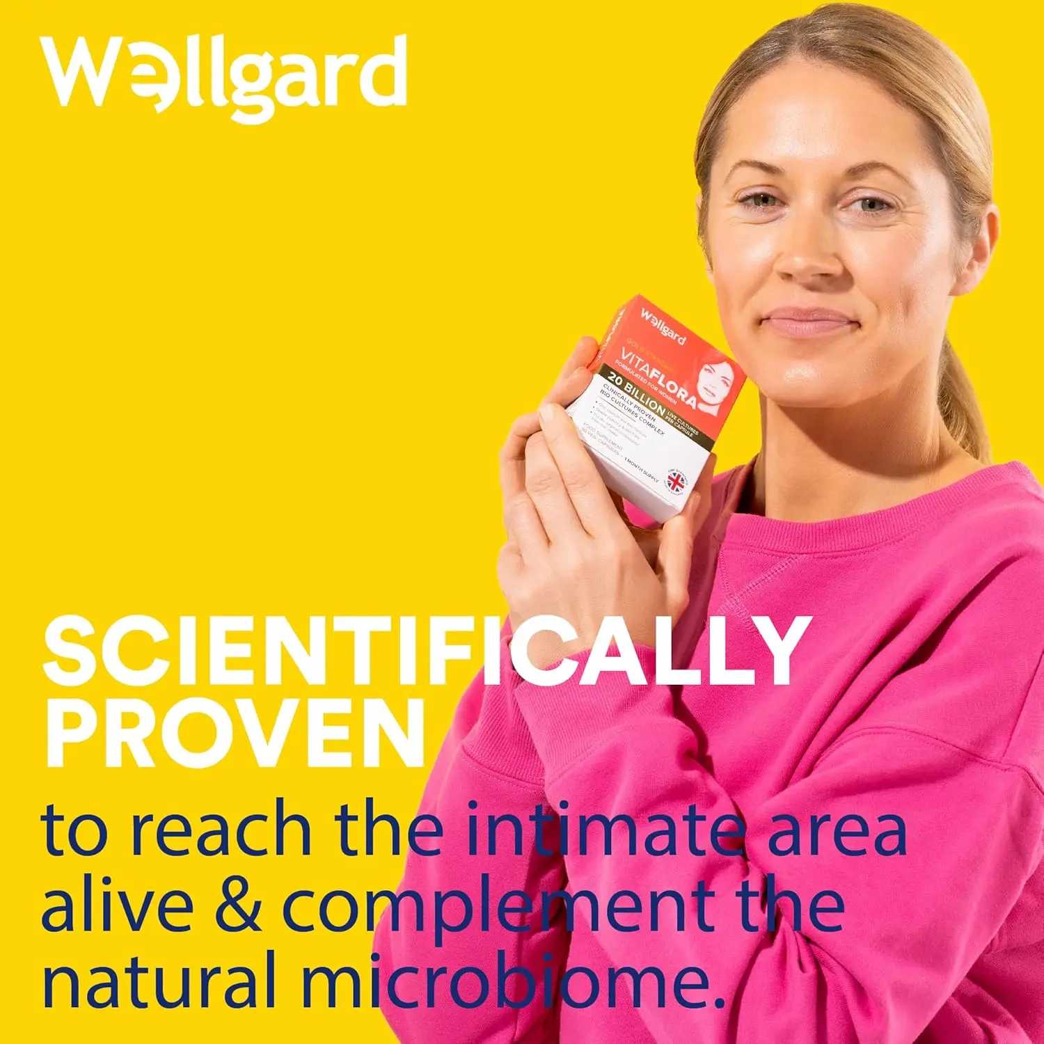 Wellgard Vitaflora is a probiotic supplement formulated for women's intimate health, containing clinically proven bio cultures to help balance flora with 20 billion CFU per capsule.