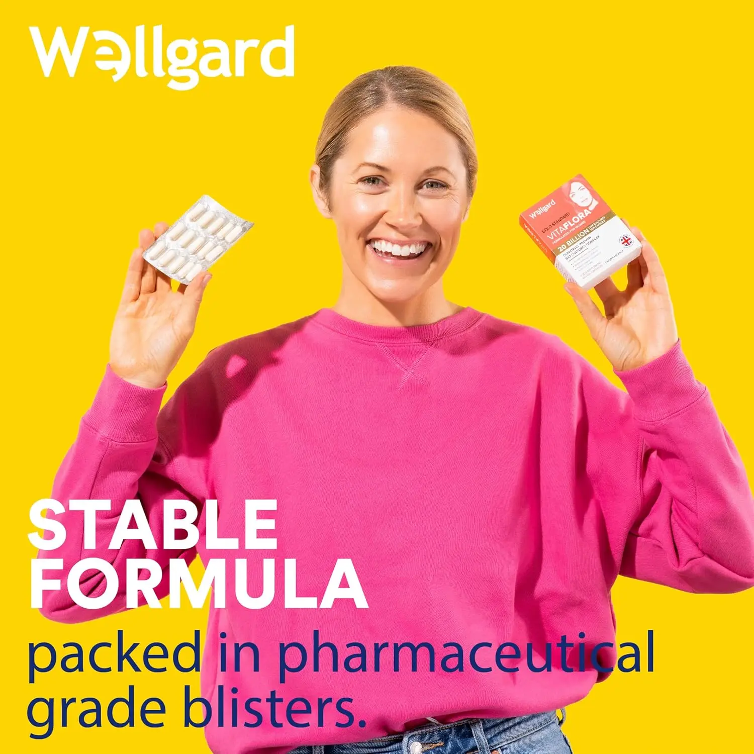 Wellgard Vitaflora is a probiotic supplement formulated for women's intimate health, containing clinically proven bio cultures to help balance flora with 20 billion CFU per capsule.