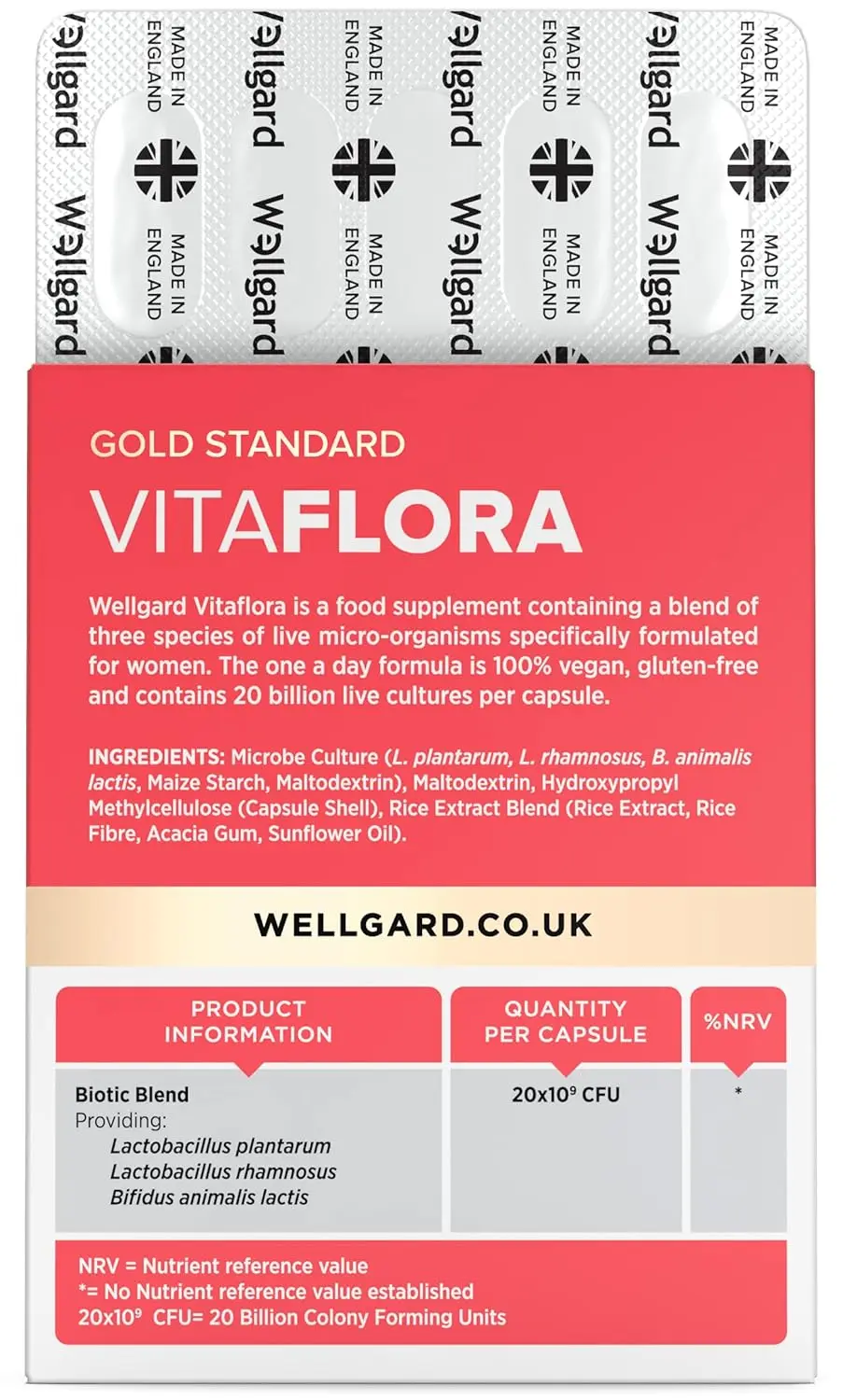 Wellgard Vitaflora is a probiotic supplement formulated for women's intimate health, containing clinically proven bio cultures to help balance flora with 20 billion CFU per capsule.