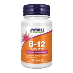 Bottle of Now Vitamin B12 1000 mcg lozenges with folic acid, essential for energy production and nervous system health.