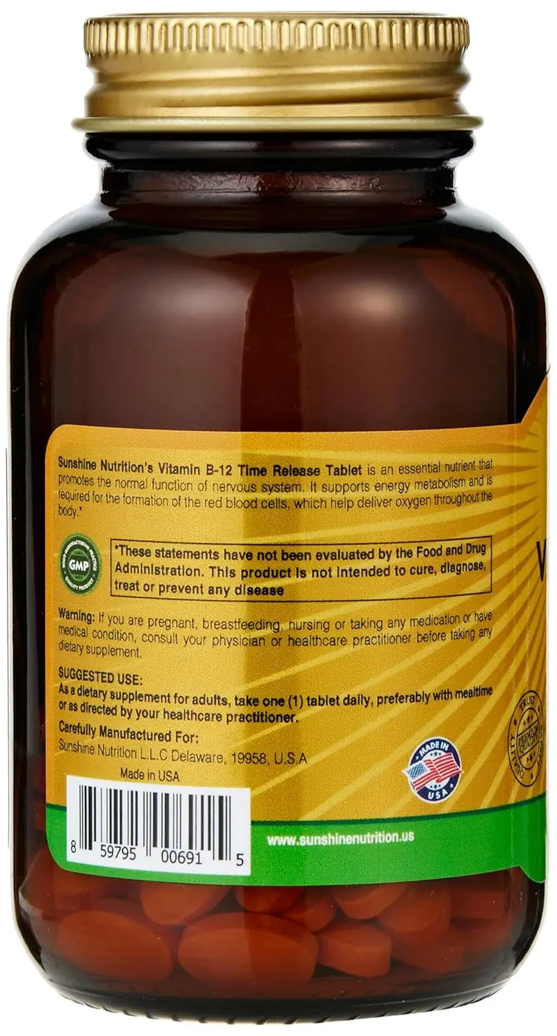 Sunshine Nutrition Vitamin B12 1000mcg time-release capsules support a healthy nervous system and provide a superior source of energy.