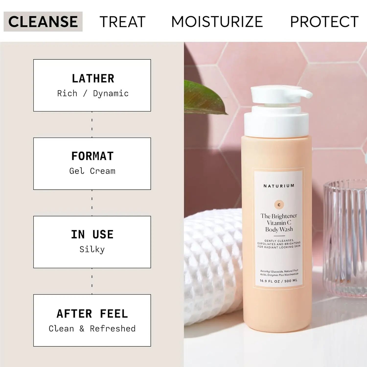 Naturium Vitamin C body wash gently cleanses, smooths, and brightens skin revealing a more radiant and healthy appearance.