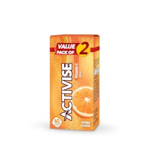 Activise Vitamin C 1000mg effervescent tablets in orange flavor, a potent antioxidant that supports iron absorption and protects against free radicals for overall health.