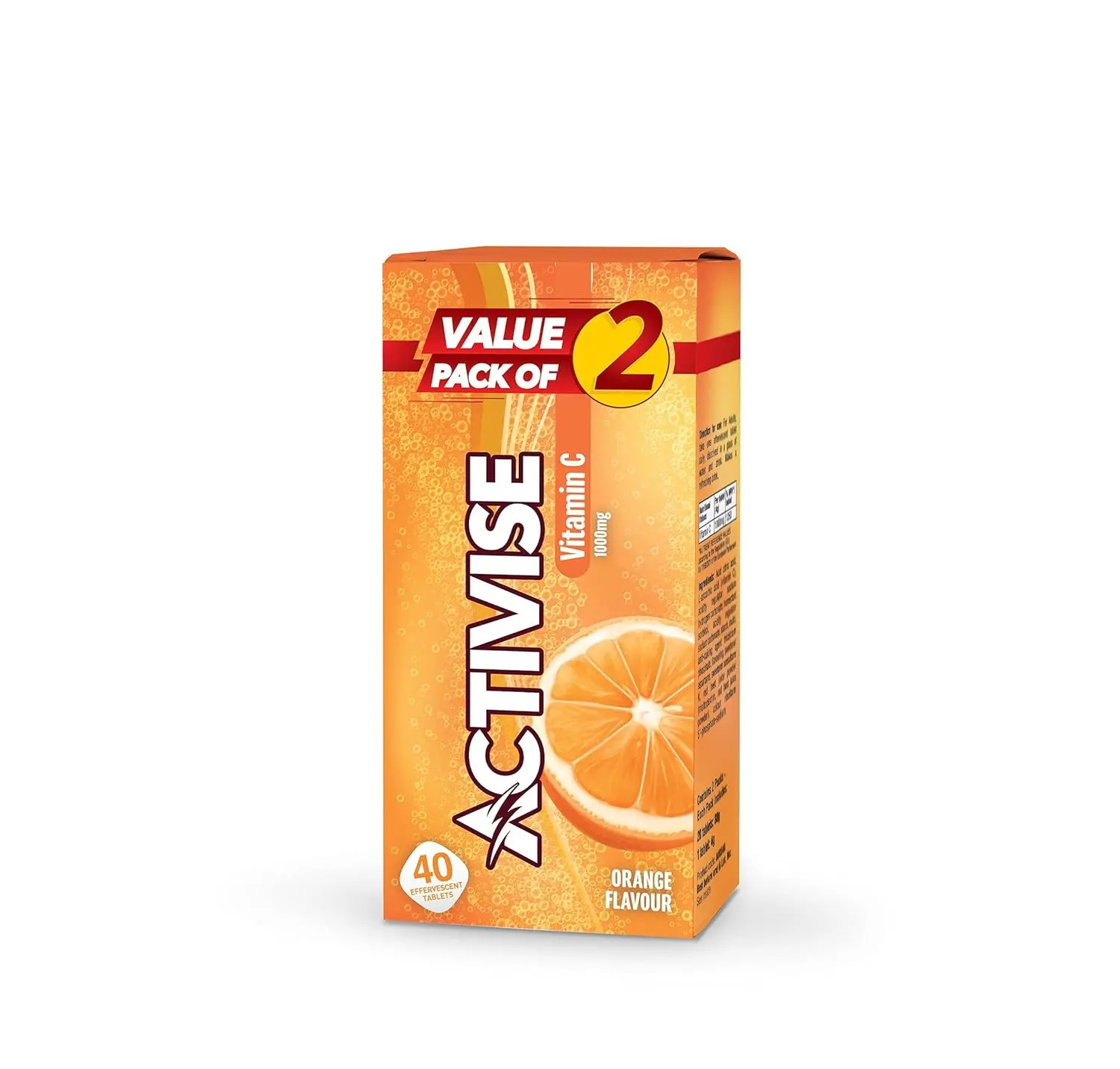 Activise Vitamin C 1000mg effervescent tablets in orange flavor, a potent antioxidant that supports iron absorption and protects against free radicals for overall health.
