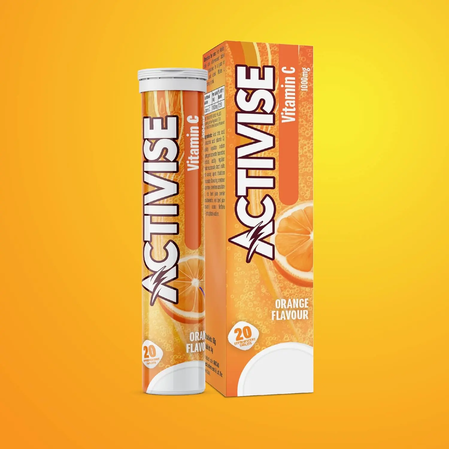 Activise Vitamin C 1000mg effervescent tablets in orange flavor, a potent antioxidant that supports iron absorption and protects against free radicals for overall health.
