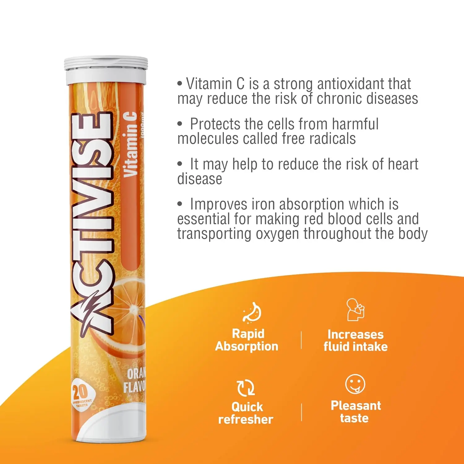 Activise Vitamin C 1000mg effervescent tablets in orange flavor, a potent antioxidant that supports iron absorption and protects against free radicals for overall health.