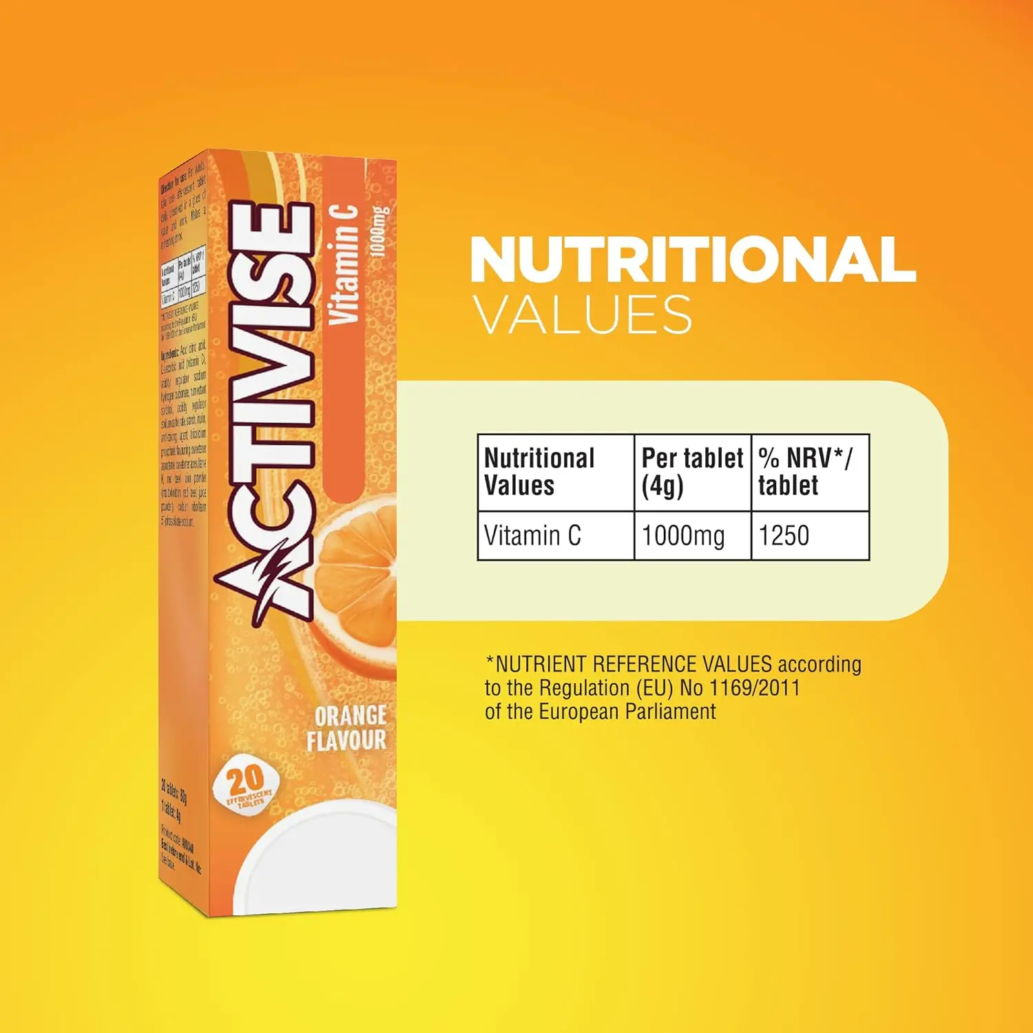 Activise Vitamin C 1000mg effervescent tablets in orange flavor, a potent antioxidant that supports iron absorption and protects against free radicals for overall health.